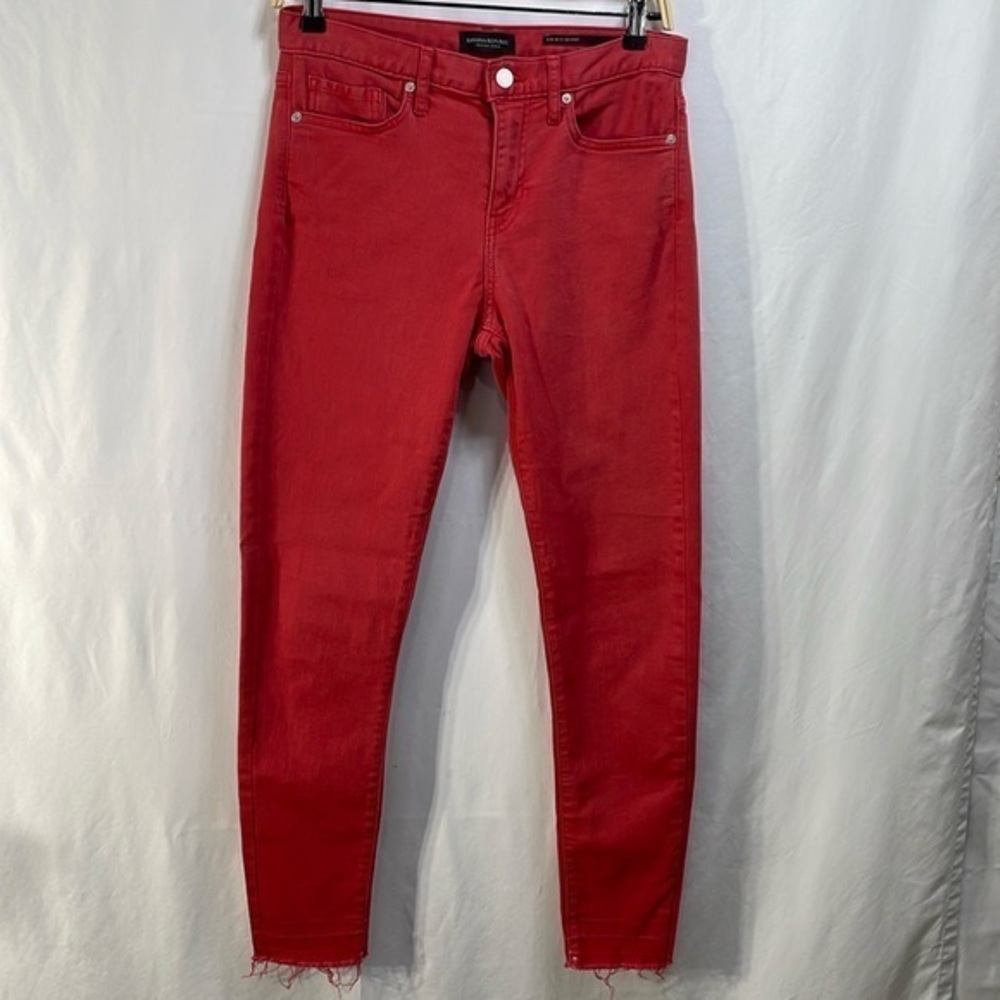 Banana republic premium denim mid rise, skinny red raw hem jeans: